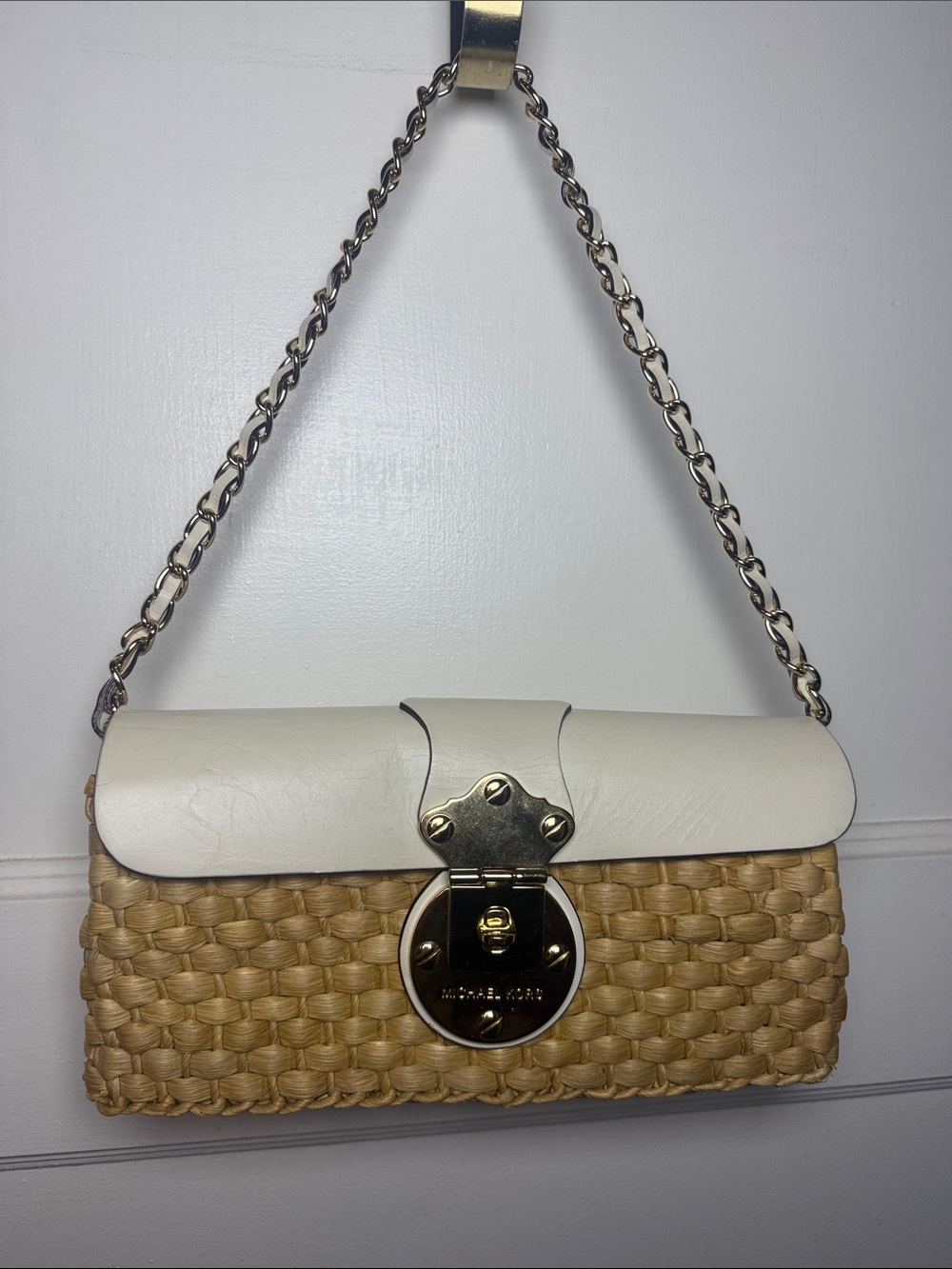 Michael Kors White Leather & Natural Woven Straw Chain Shoulder Bag